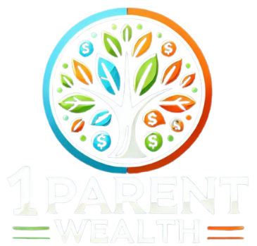 This is the logo for the financial coaching business titled 1parentwealth. Its primary colours are orange, blue and green. It is a treet with leaves falling and some of the leaves have the $ symbol.